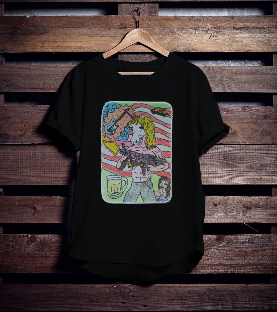 Unicorn Rocker With Guitar And Beer In Hand Against Stars And Stripes With Car T-Shirt