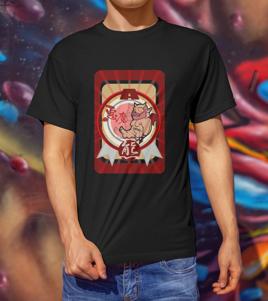 Akuma Devil Bear 7911 With Red Demon Icon And Kanji Symbols T-Shirt