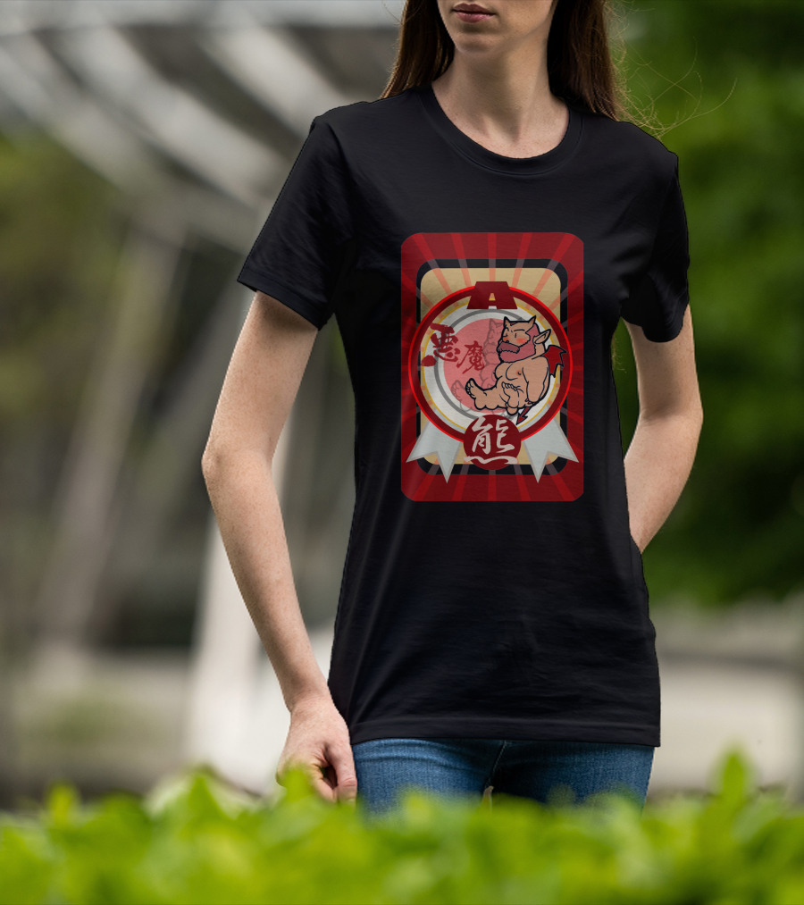Akuma Devil Bear 7911 With Red Demon Icon And Kanji Symbols T-Shirt