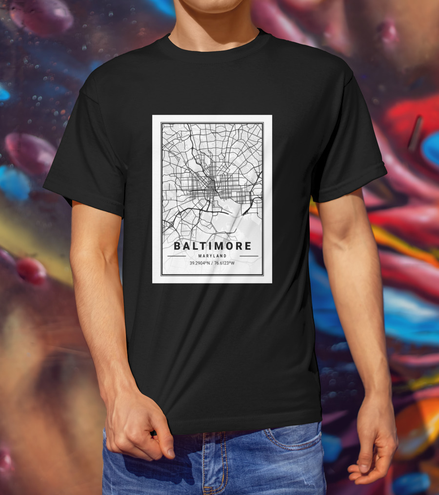 Baltimore Maryland City Map Coordinates 39.2904°N 76.6123°W T-Shirt