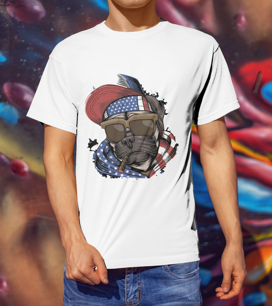 Pit Bull Boss American Flag Sunglasses Bandana Cigar Cool Dog T-Shirt