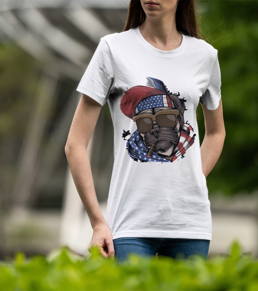 Pit Bull Boss American Flag Sunglasses Bandana Cigar Cool Dog T-Shirt