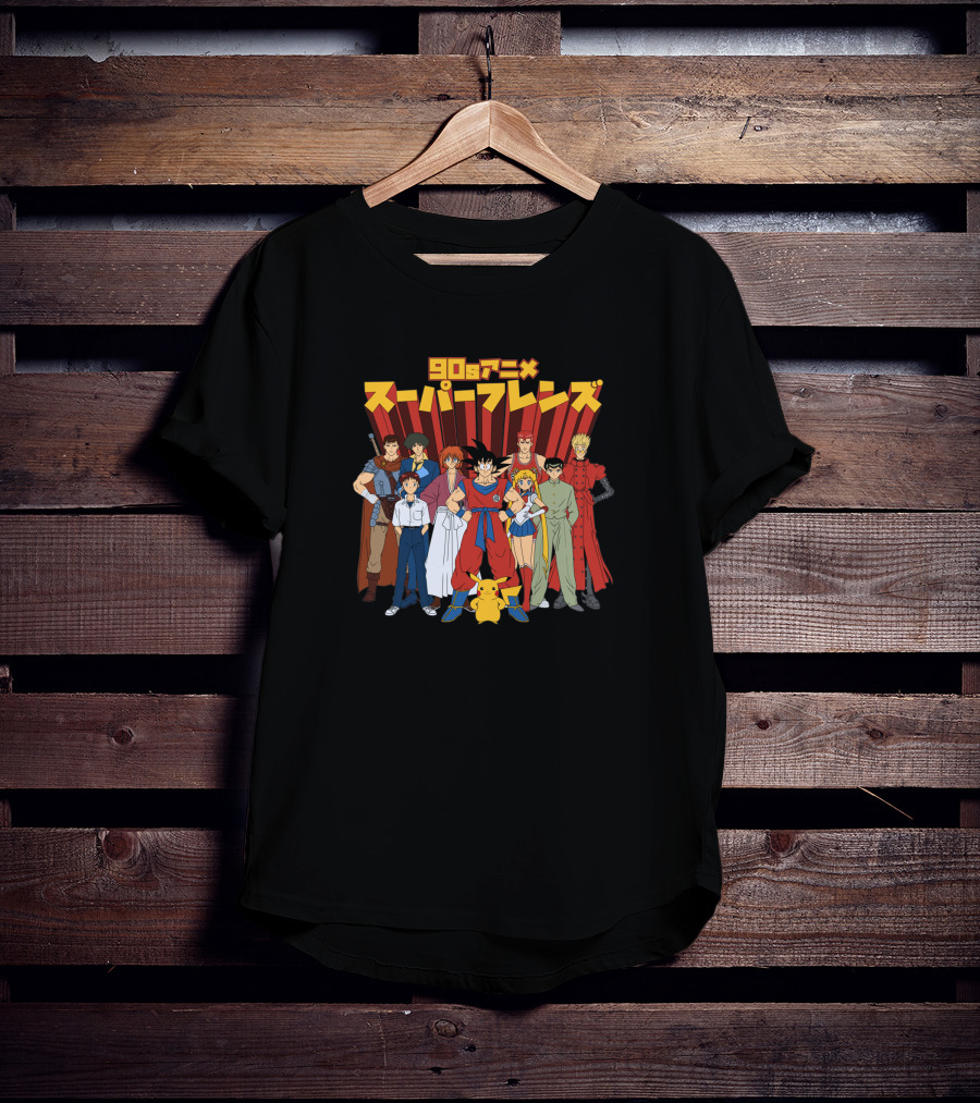 90s Anime Super Friends Characters Pikachu Japanese Text T-Shirt