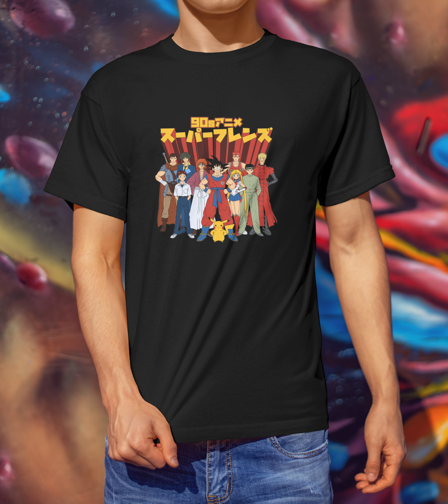 90s Anime Super Friends Characters Pikachu Japanese Text T-Shirt