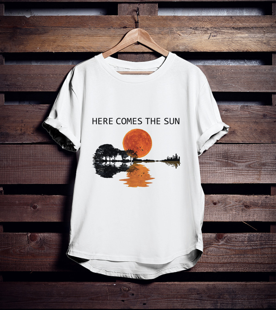 Here Comes The Sun Guitar Shadow Sunset Tree Reflection T-Shirt