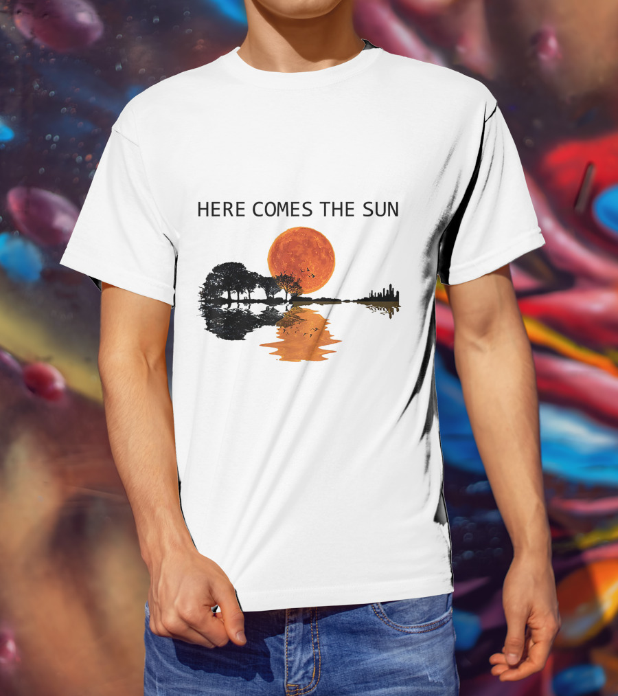 Here Comes The Sun Guitar Shadow Sunset Tree Reflection T-Shirt