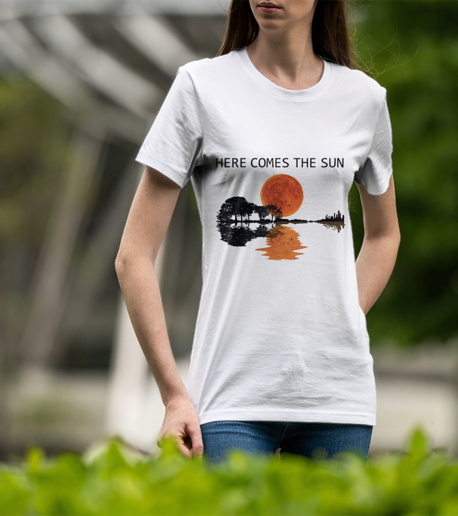 Here Comes The Sun Guitar Shadow Sunset Tree Reflection T-Shirt