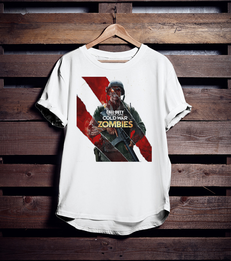 Call Of Duty Black Ops Cold War Zombies Soldier With Gun And Red Torn Stripes T-Shirt