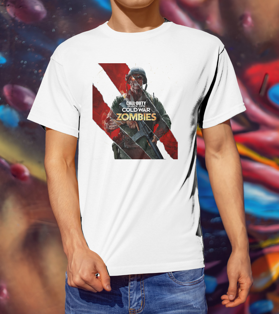 Call Of Duty Black Ops Cold War Zombies Soldier With Gun And Red Torn Stripes T-Shirt