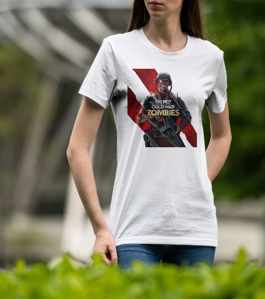 Call Of Duty Black Ops Cold War Zombies Soldier With Gun And Red Torn Stripes T-Shirt