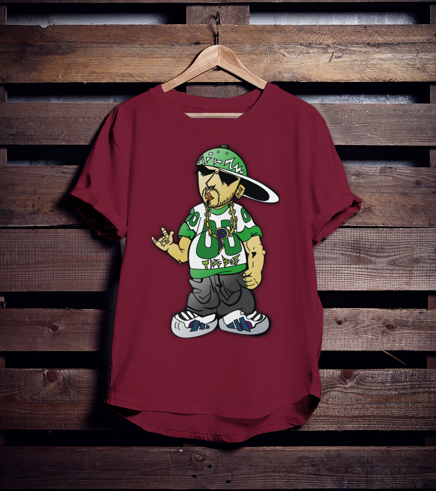 HipHop Cartoon Character With UP The Posse On Green Snapback And Chain T-Shirt