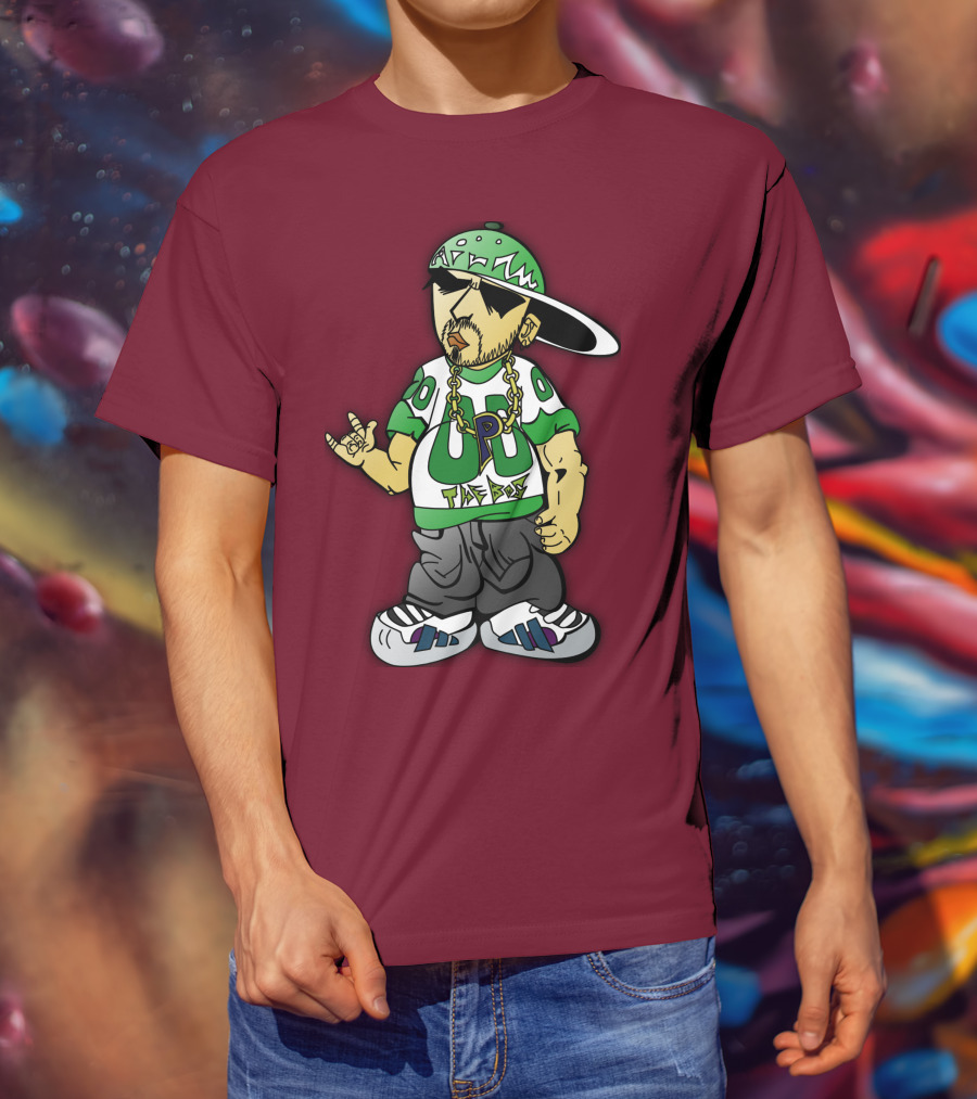 HipHop Cartoon Character With UP The Posse On Green Snapback And Chain T-Shirt