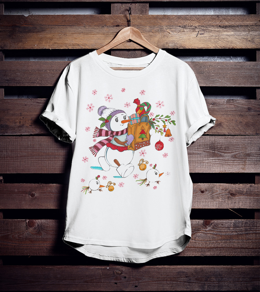 Festive Snowman With Gift Bag And Holiday Decorations T-Shirt