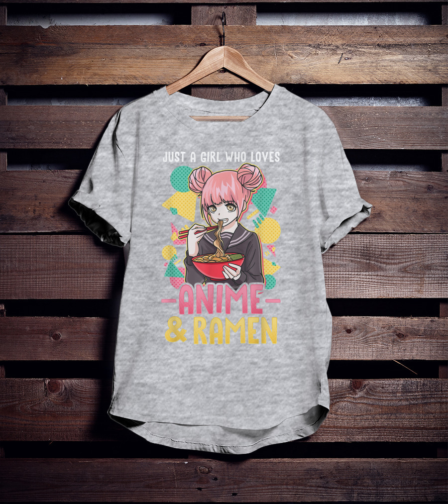 Just A Girl Who Loves Anime And Ramen With Pink-Haired Character Eating Noodles T-Shirt