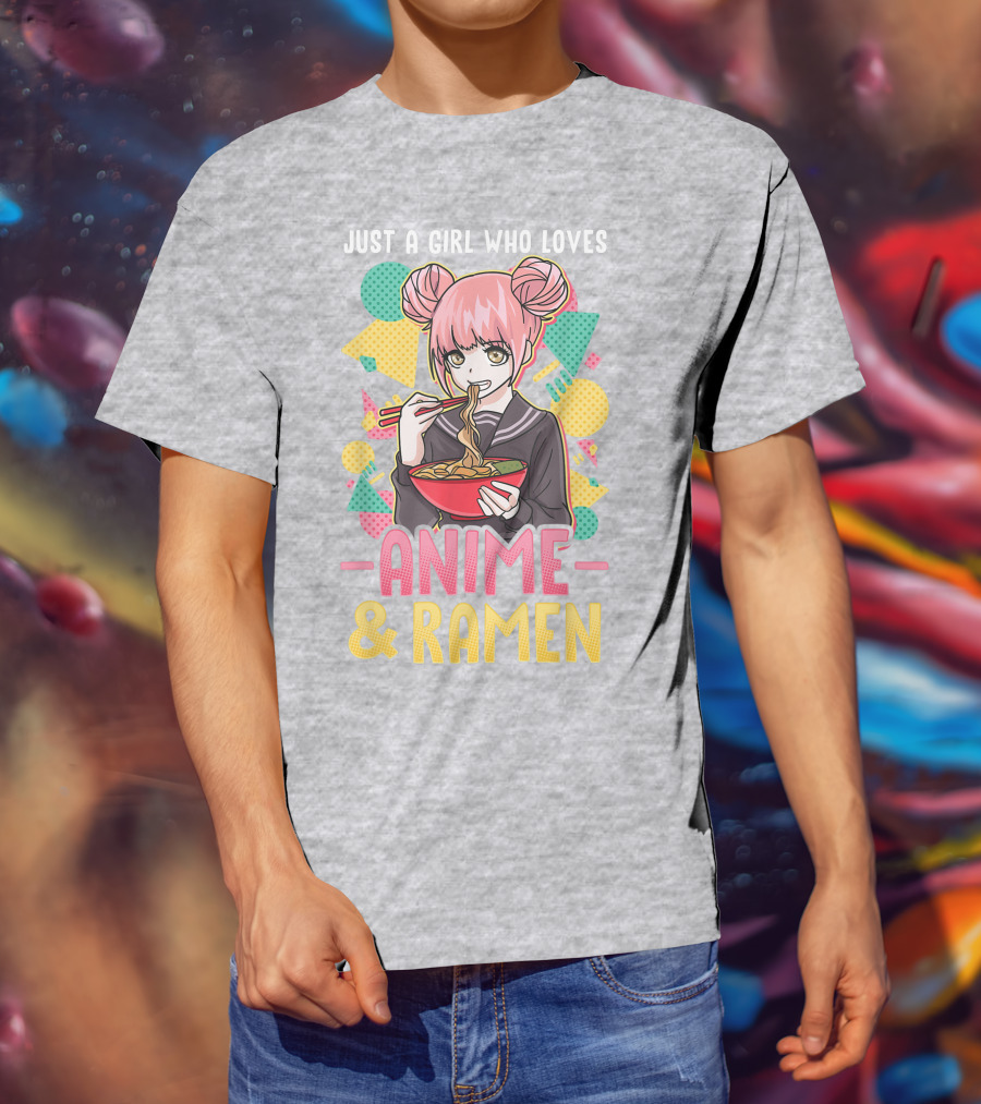 Just A Girl Who Loves Anime And Ramen With Pink-Haired Character Eating Noodles T-Shirt