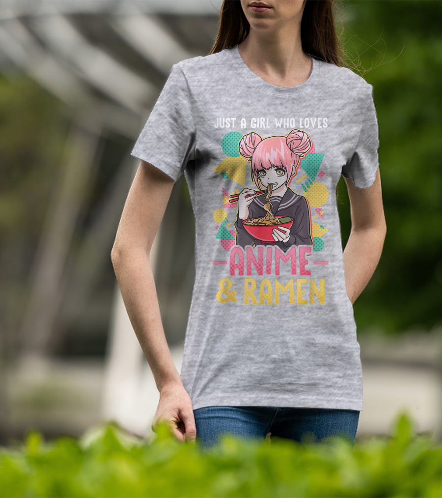 Just A Girl Who Loves Anime And Ramen With Pink-Haired Character Eating Noodles T-Shirt
