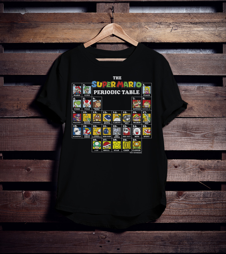 Super Mario Periodic Table Featuring Luigi Peach Yoshi Bowser Toad Donkey Kong And More Iconic Characters T-Shirt
