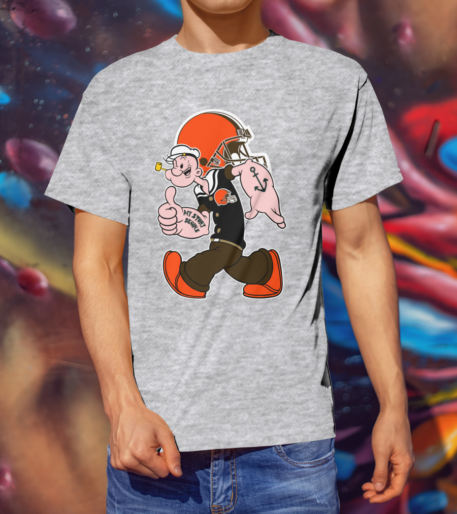 Browns Popeye My Strength Begins Football Helmet Anchor Tattoo T-Shirt