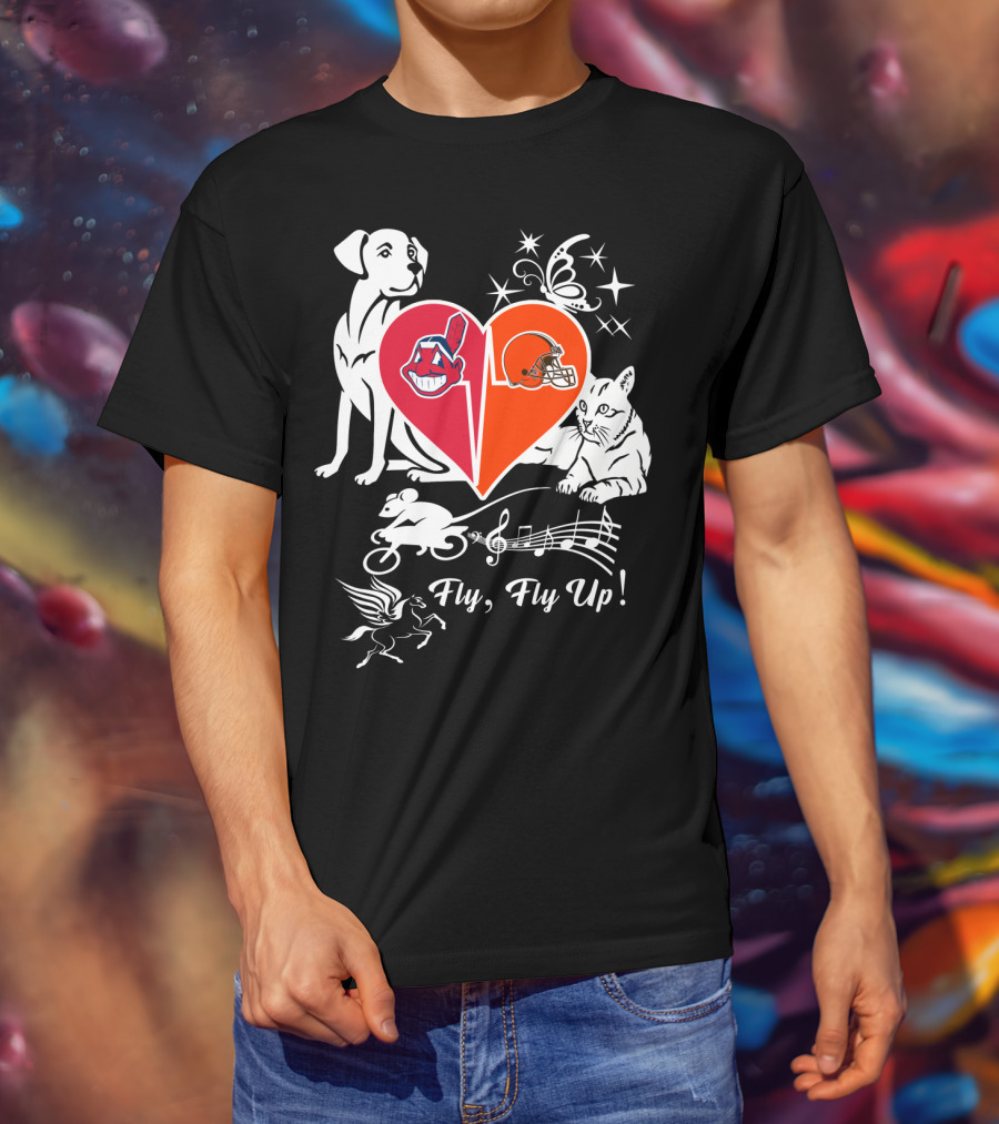 Fly Fly Up Browns Indians Dog Cat Heart Butterfly Music Notes T-Shirt