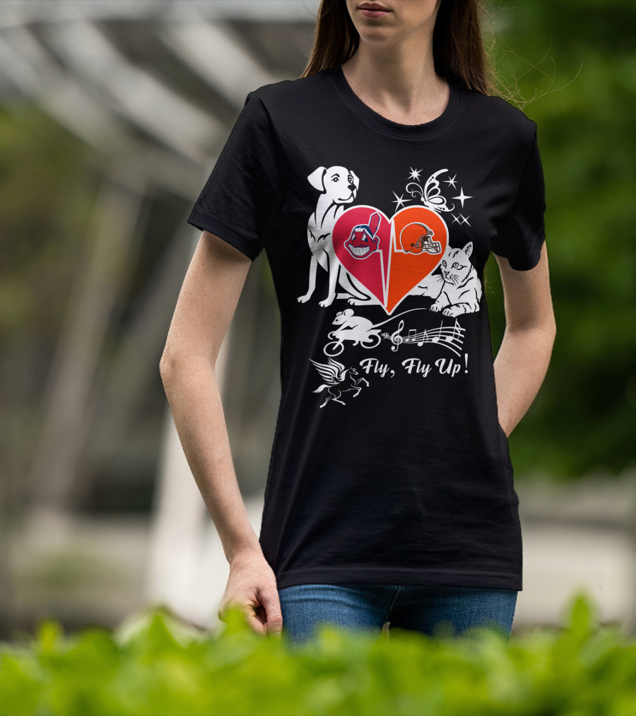 Fly Fly Up Browns Indians Dog Cat Heart Butterfly Music Notes T-Shirt