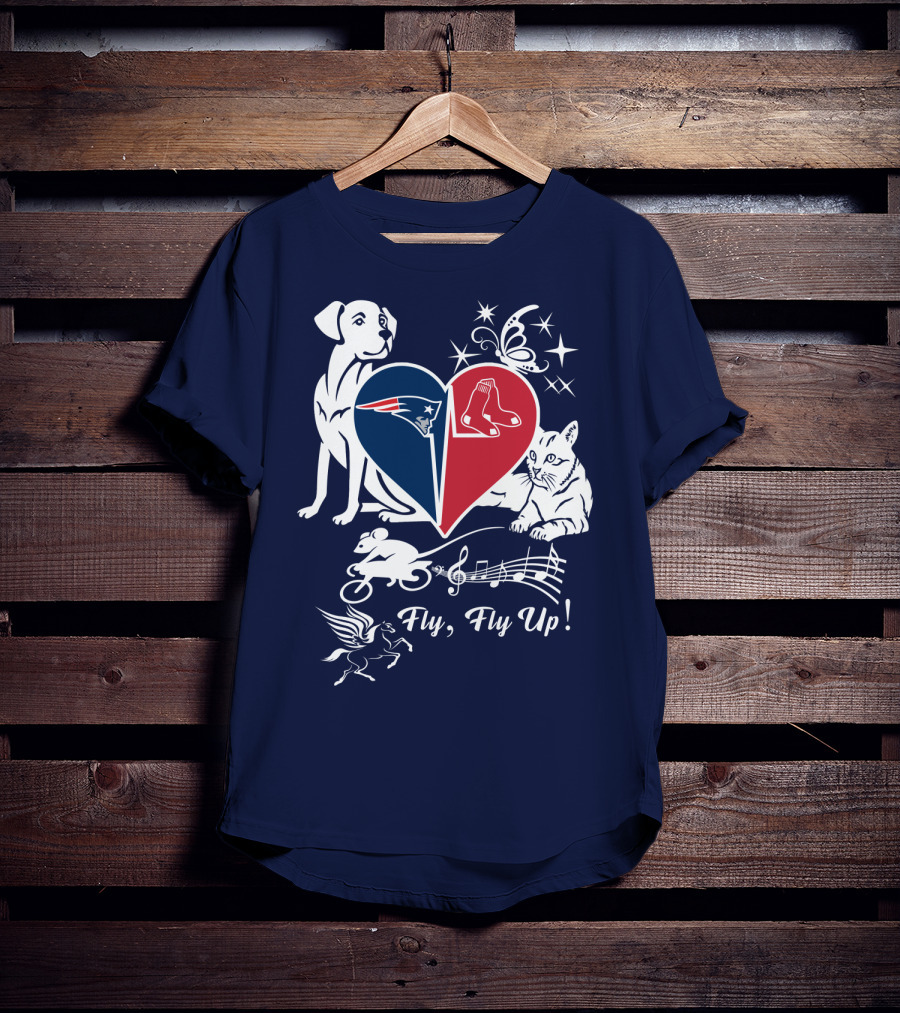 New England Patriots Red Sox Heart With Animals And Fly Fly Up T-Shirt
