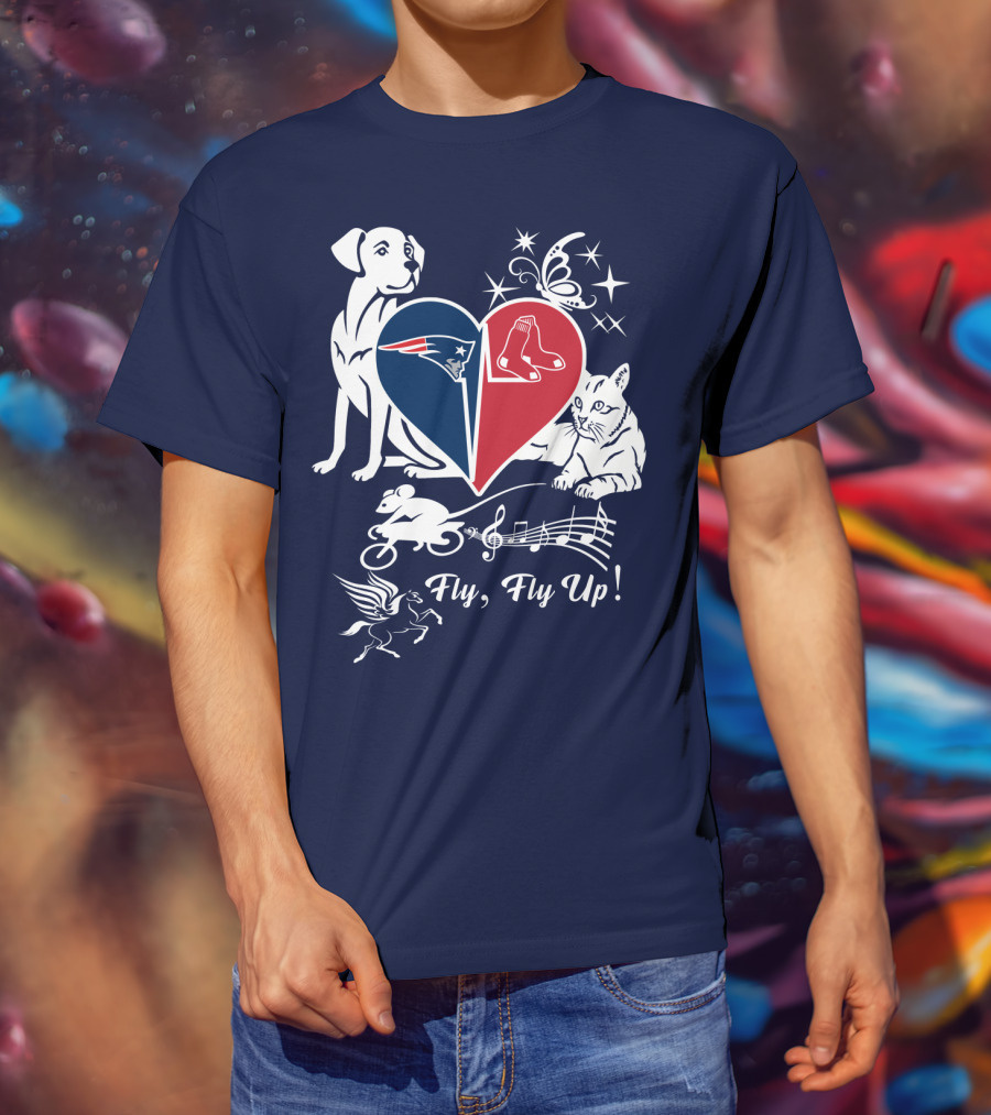 New England Patriots Red Sox Heart With Animals And Fly Fly Up T-Shirt