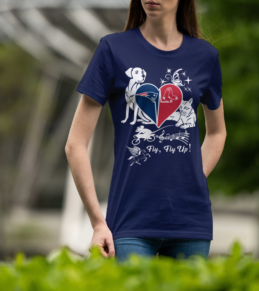 New England Patriots Red Sox Heart With Animals And Fly Fly Up T-Shirt