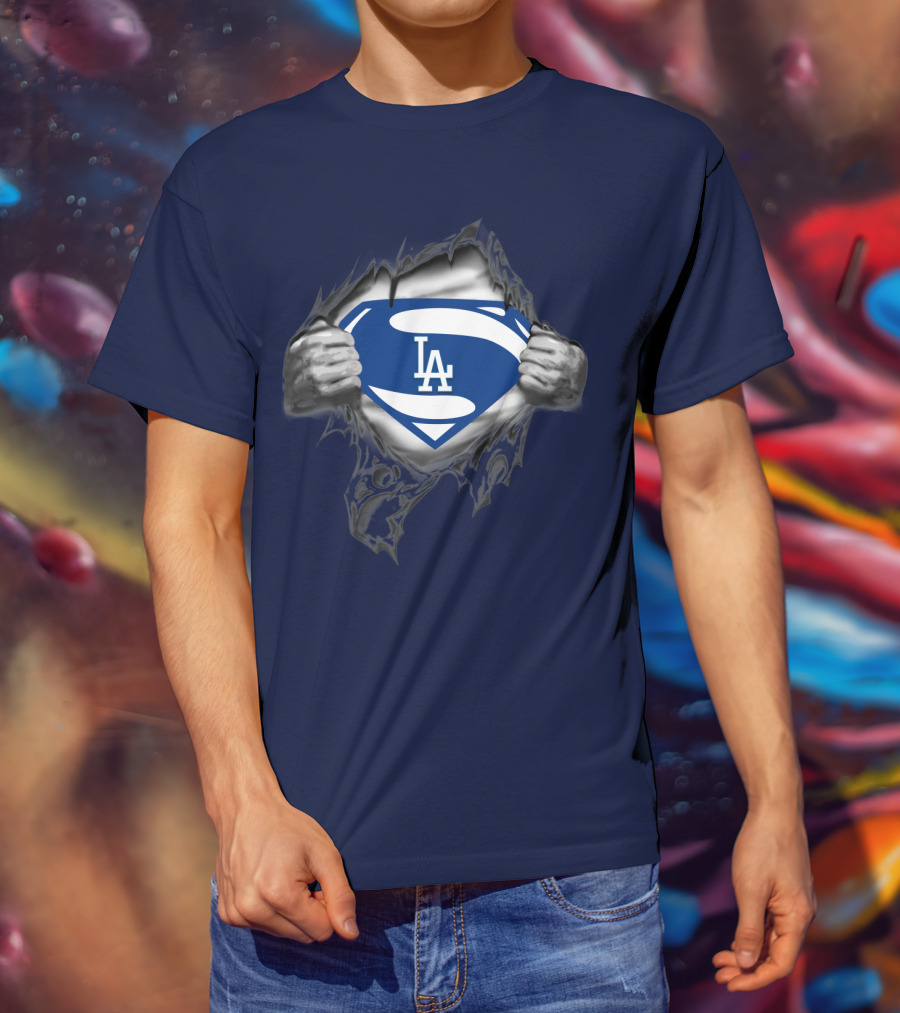 Superman Style Los Angeles Dodgers Logo On Blue T-Shirt