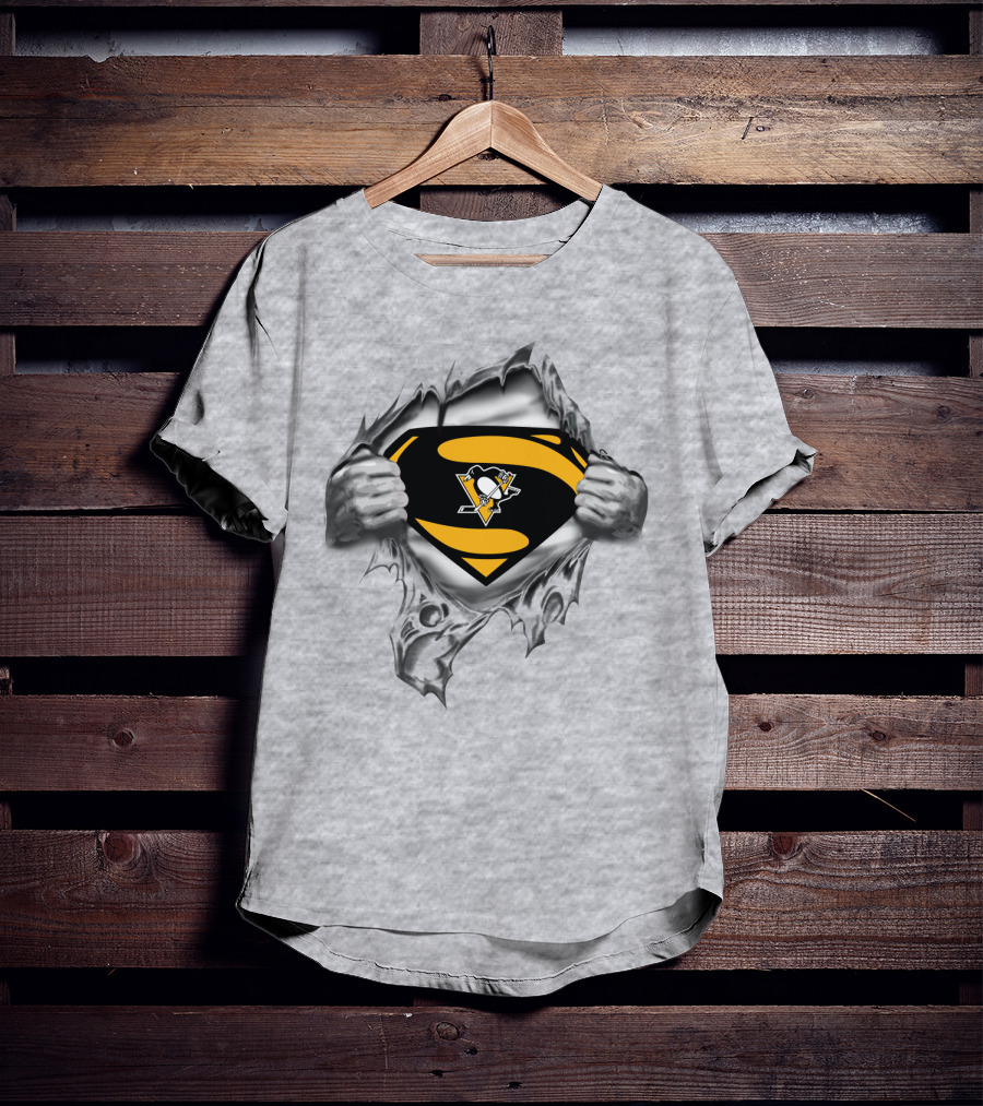 Superman Pittsburgh Penguins Logo Busting Through Silver T-Shirt