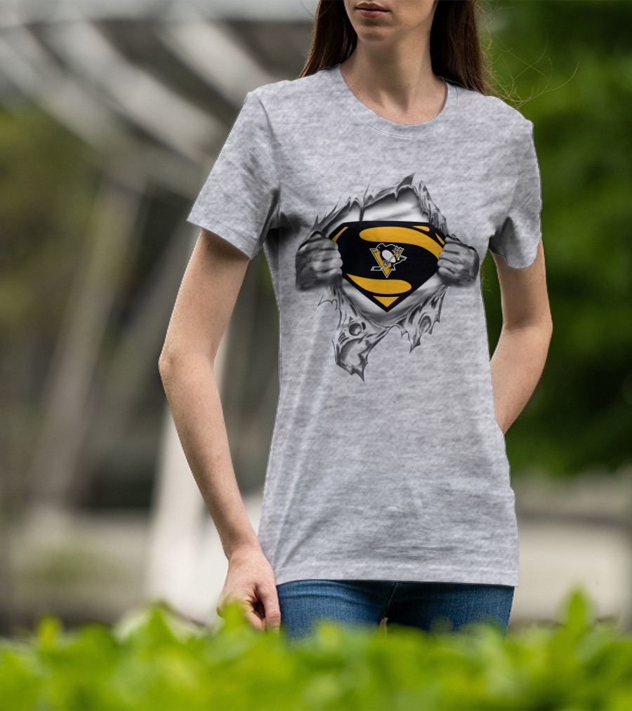 Superman Pittsburgh Penguins Logo Busting Through Silver T-Shirt