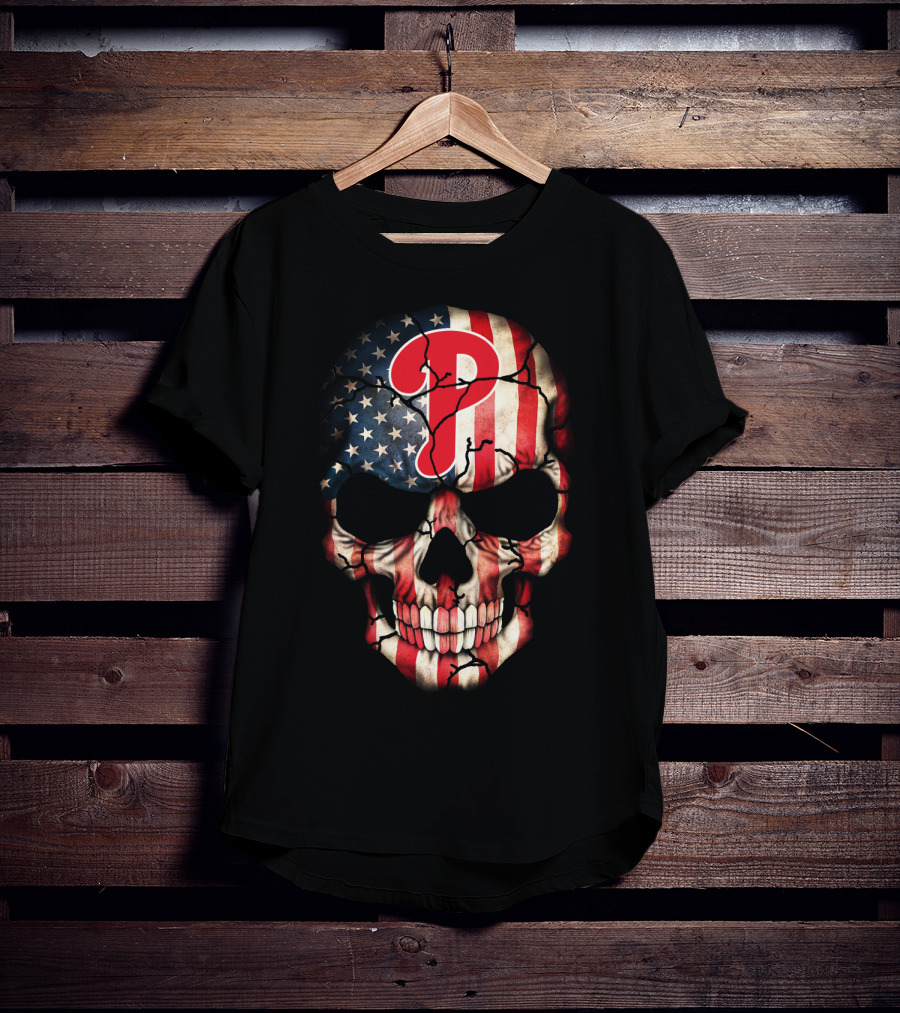 Phillies Skull American Flag Cracked T-Shirt
