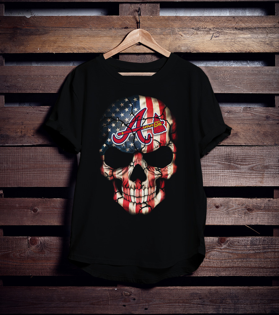 Skull With Braves Logo And American Flag T-Shirt