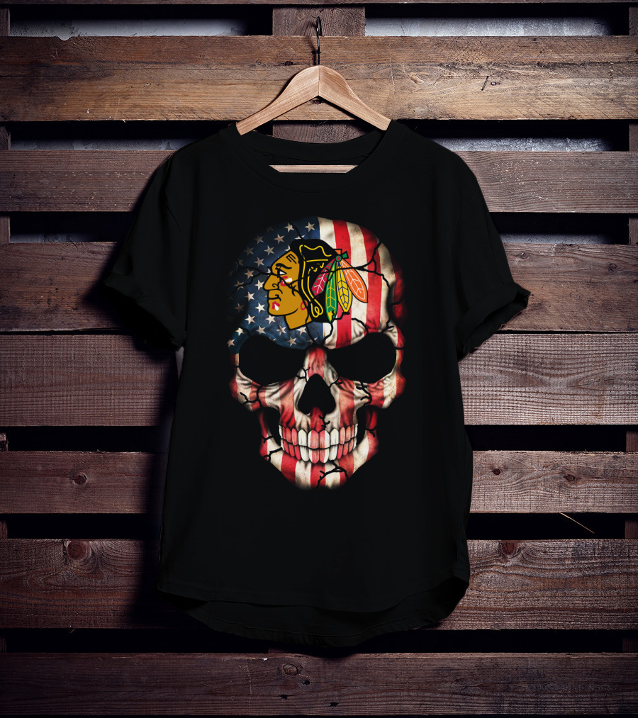 Chicago Blackhawks Skull American Flag T-Shirt