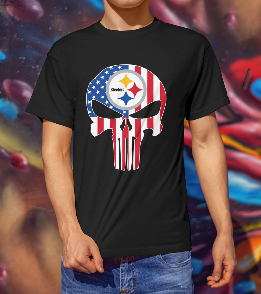 Steelers American Flag Skull T-Shirt