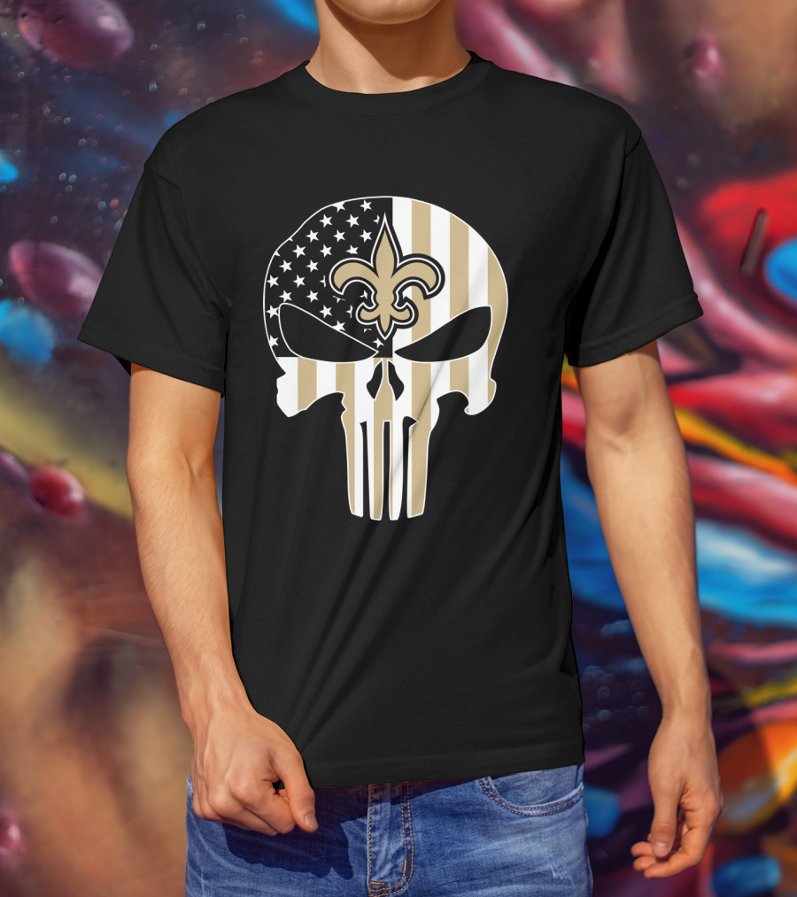 Saints Punisher Skull American Flag Fleur-De-Lis T-Shirt