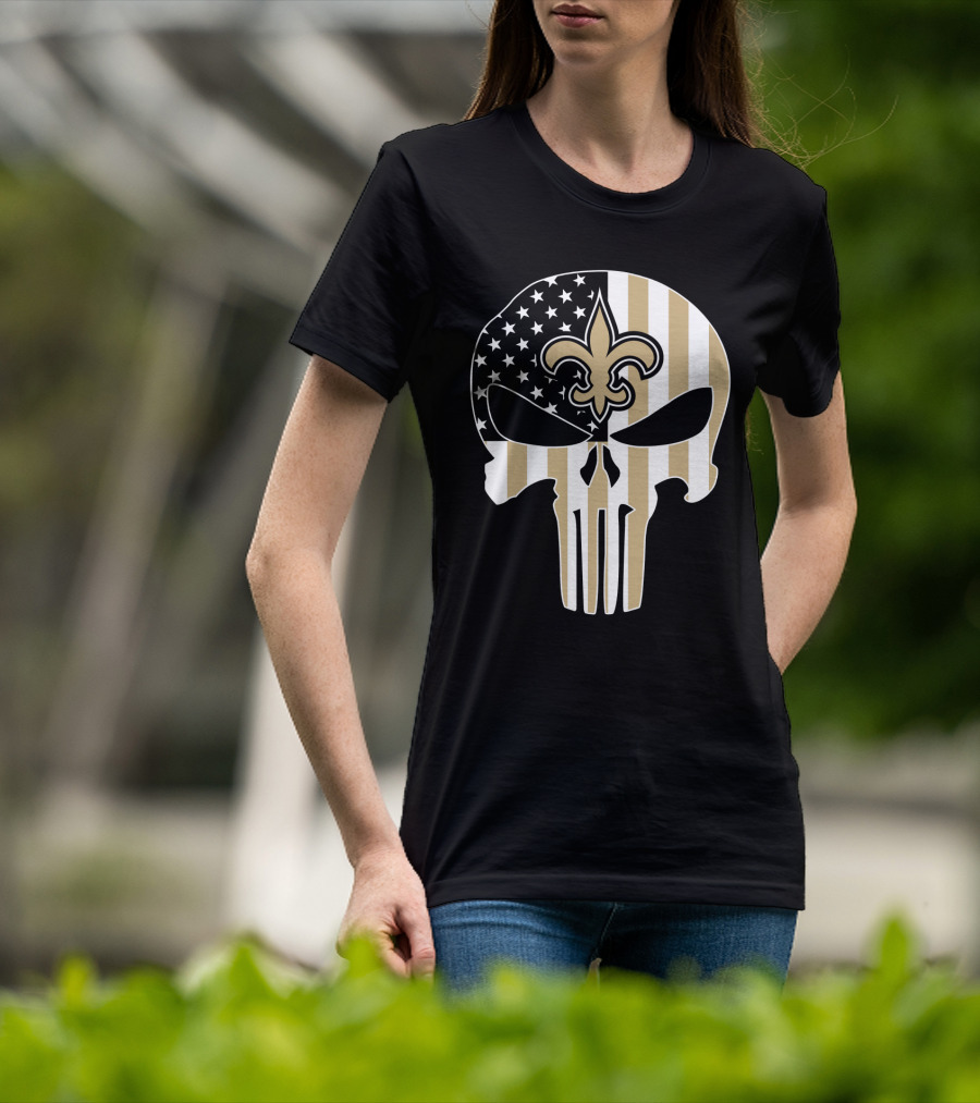 Saints Punisher Skull American Flag Fleur-De-Lis T-Shirt