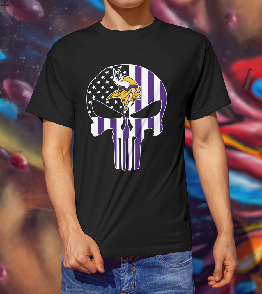 Minnesota Vikings Punisher American Flag Skull T-Shirt