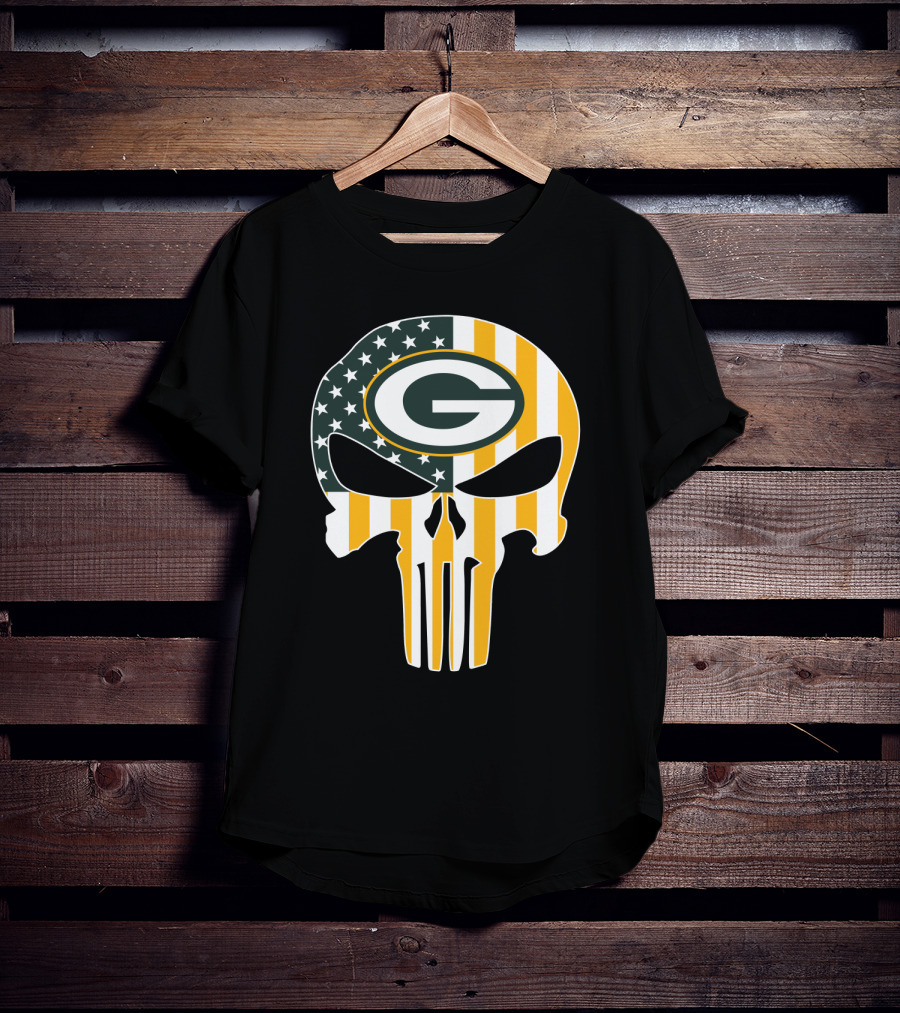 Green Bay Packers Punisher Skull American Flag T-Shirt