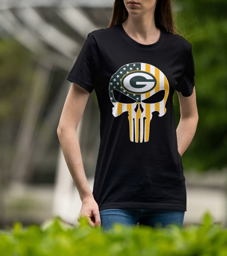 Green Bay Packers Punisher Skull American Flag T-Shirt