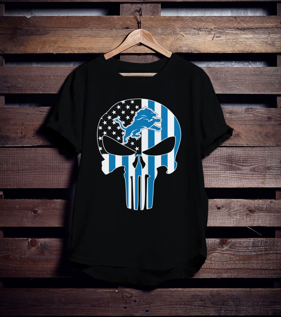 Detroit Lions Punisher Skull Logo American Flag T-Shirt