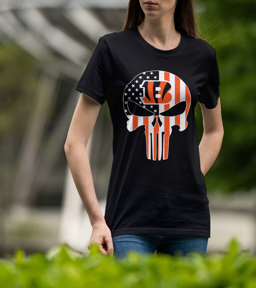 Bengals Skull American Flag Stripes T-Shirt
