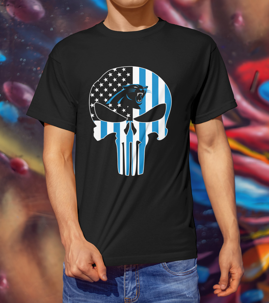 Carolina Panthers Punisher Skull American Flag T-Shirt