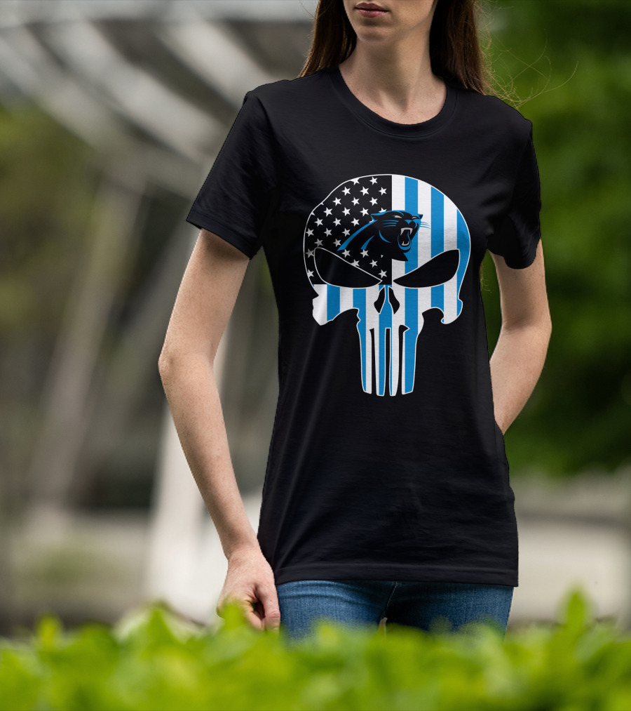 Carolina Panthers Punisher Skull American Flag T-Shirt