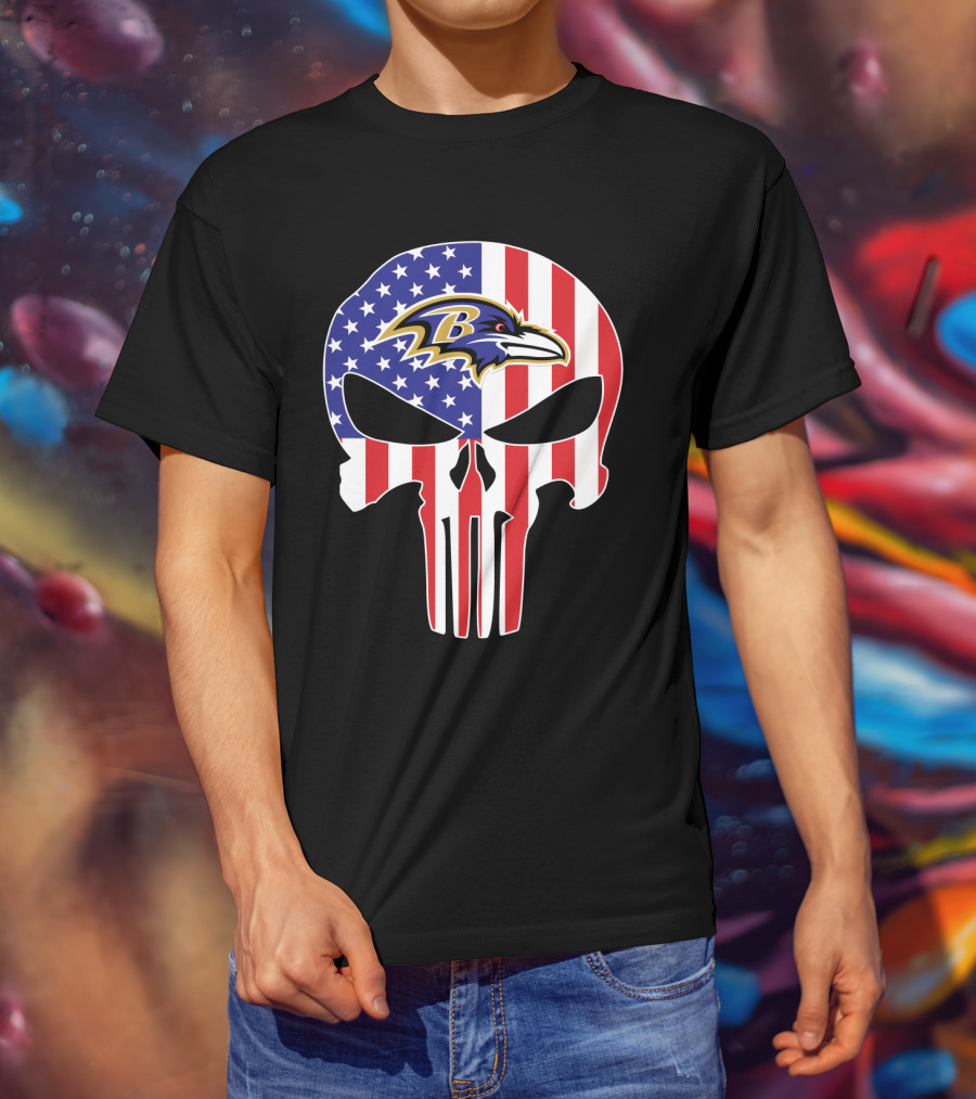 Ravens Skull American Flag Punisher Style T-Shirt