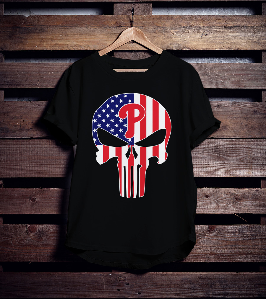 Phillies American Flag Punisher Style Skull T-Shirt