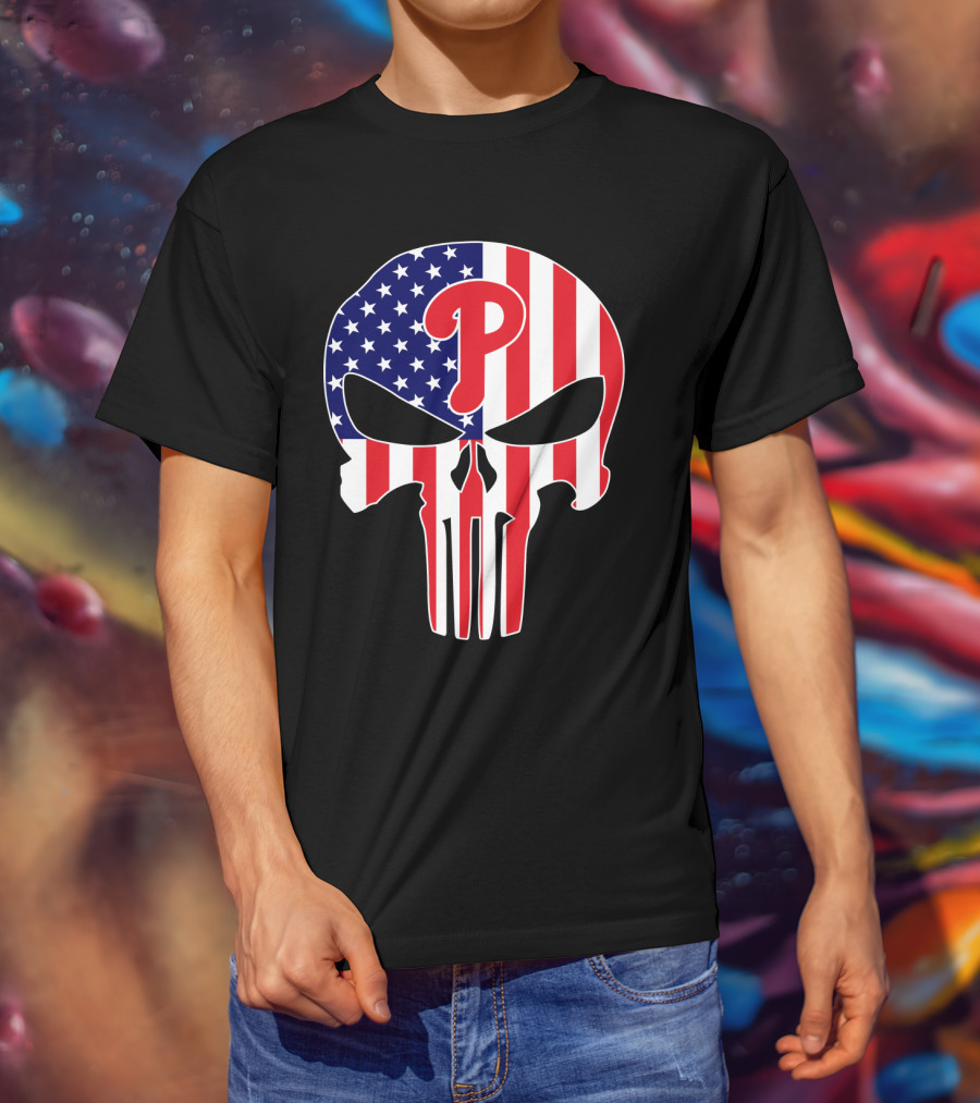 Phillies American Flag Punisher Style Skull T-Shirt