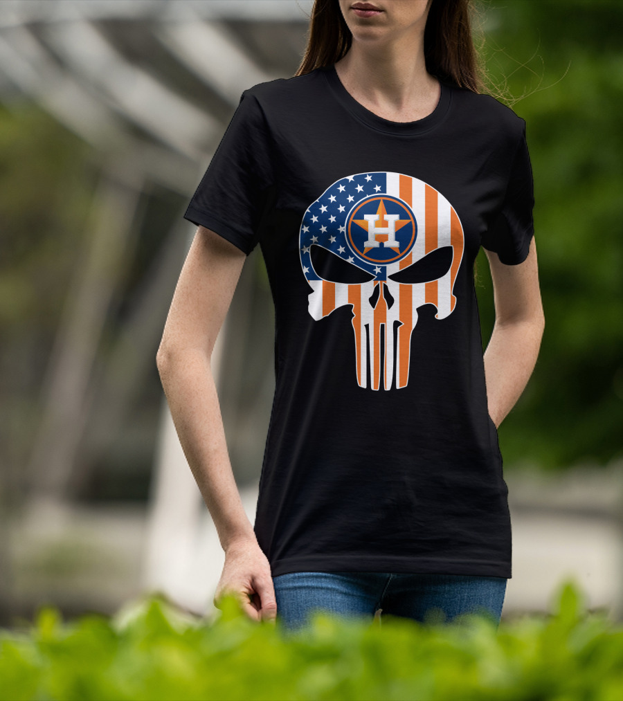 Houston Astros American Flag Skull Punisher Style T-Shirt