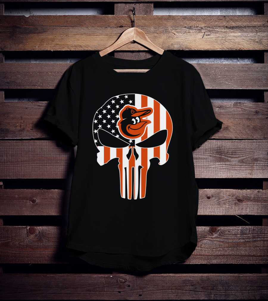 Baltimore Orioles Punisher Skull American Flag T-Shirt
