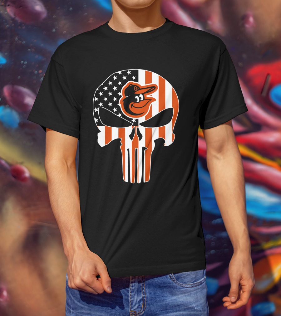Baltimore Orioles Punisher Skull American Flag T-Shirt