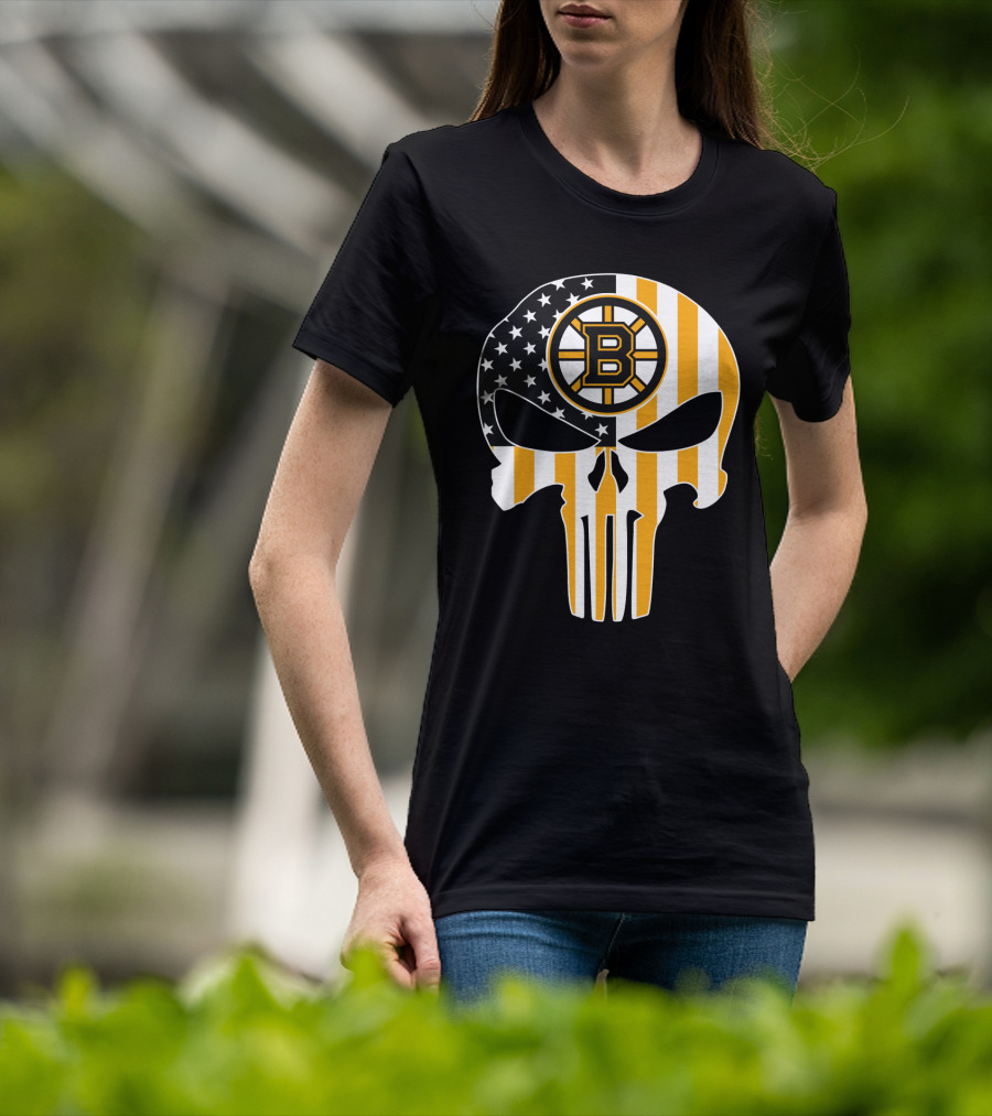 Boston Bruins Punisher Skull American Flag T-Shirt